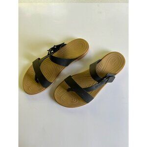 Crocs Sandals Slip-on  Size 9 Tulum Toe Tan w/ Black Straps Adjustable Pre-owned